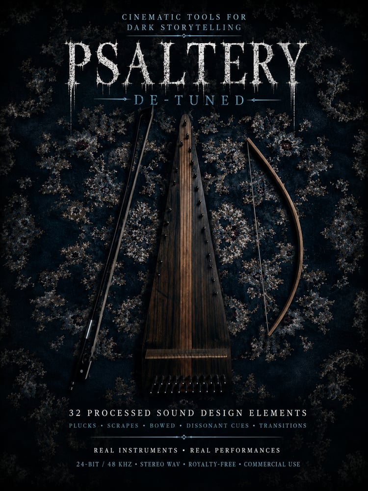 Warped psaltery recordings with detuned plucks, bowed resonance, scratchy textures and ominous tonal movement. A distinctive 24-bit/48 kHz stereo WAV collection for dark cinema, game audio, trailers and experimental scoring.