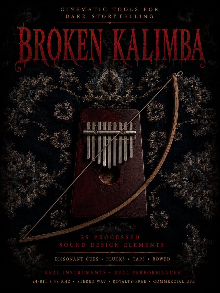 Unconventional kalimba textures featuring tense plucks, wooden taps, bowed tones and eerie dissonance. Captured from real performances in 24-bit/48 kHz stereo WAV for horror, suspense, cinematic trailers, film and games.