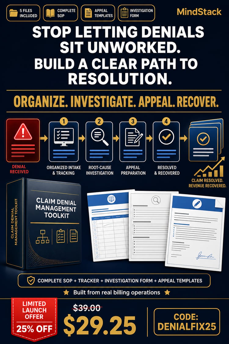 Organize claim-denial follow-up with a ready-to-use SOP, Excel tracker, investigation form, appeal-letter template, and quick-start guide. Built for medical billers, RCM teams, and practice administrators. Instant ZIP download.