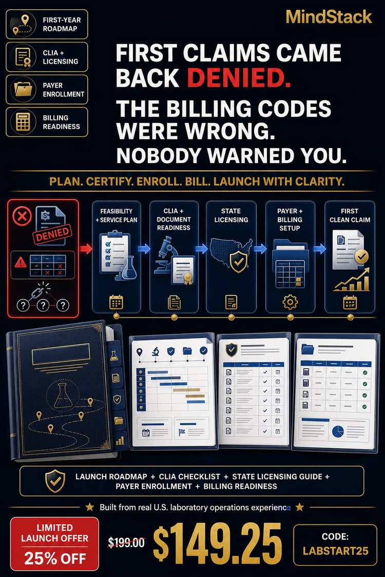 Lab Launch Blueprint guide for clinical laboratory owners covering CLIA readiness, state licensing research, payer enrollment, billing readiness, and first-year operations planning