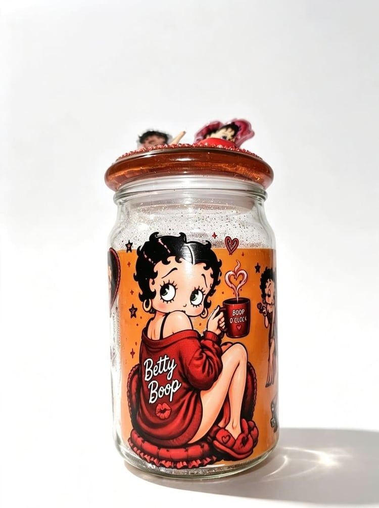 Handmade Betty Boop resin jar candle filled with orange wax from Sparkling Resin Delights, featuring Betty holding a cup that reads Boop O Clock.