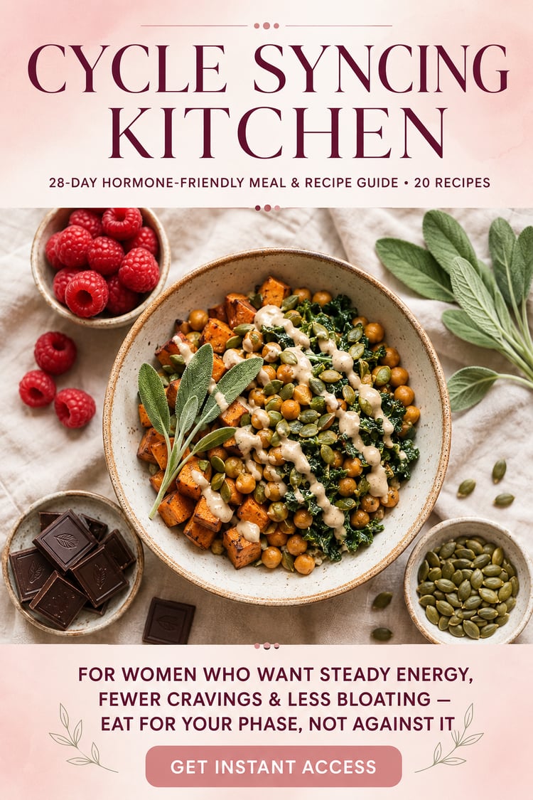 cycle syncing, cycle syncing food chart, hormone balancing foods, eating for your cycle, luteal phase foods, hormone balance meal plan, cycle syncing recipes, period nutrition, seed cycling for hormones, PMS relief foods