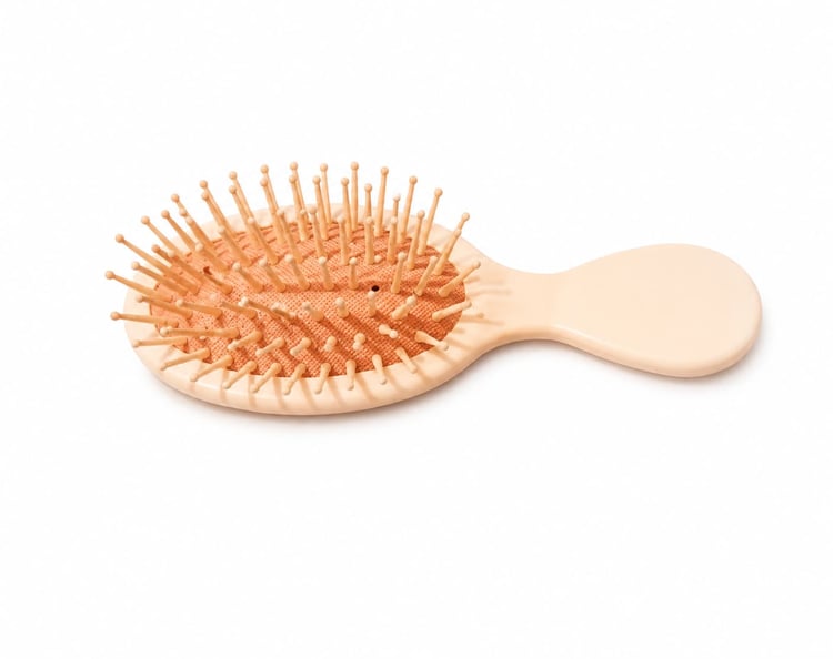 Beige cushioned paddle hairbrush with flexible ball-tipped bristles and rounded handle