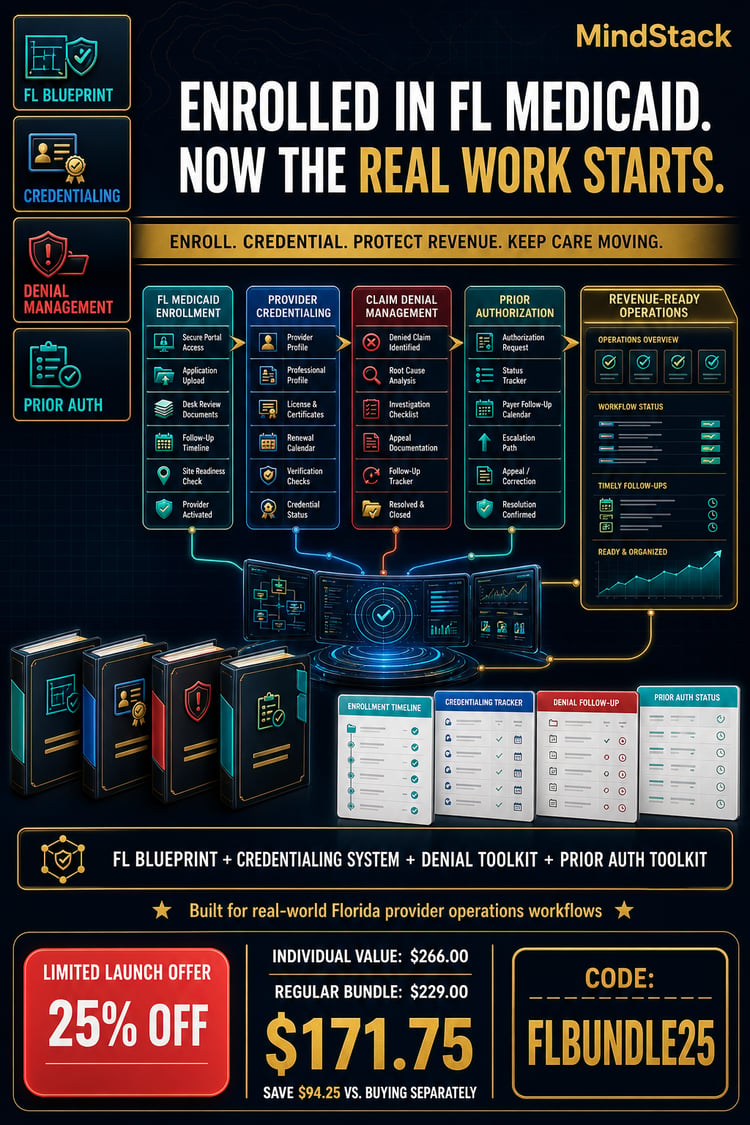 Florida Provider Operations Bundle with Medicaid enrollment, credentialing, claim denial management, and prior authorization workflow tools for healthcare practices