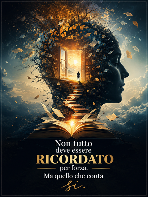 Profilo umano fatto di rami con porta luminosa e scala verso il tramonto, libro aperto sotto la citazione 'Non tutto deve essere ricordato per forza. Ma quello che conta, sì.