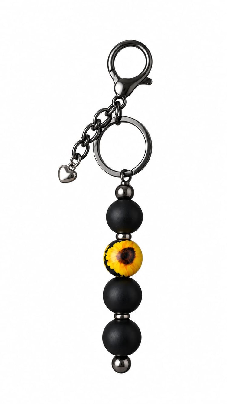 Handmade Noir Sunflower Luxury Bag Charm from Sparkling Resin Delights, featuring matte black beads and a central yellow sunflower focal bead hanging from gunmetal grey hardware with a silver heart charm.