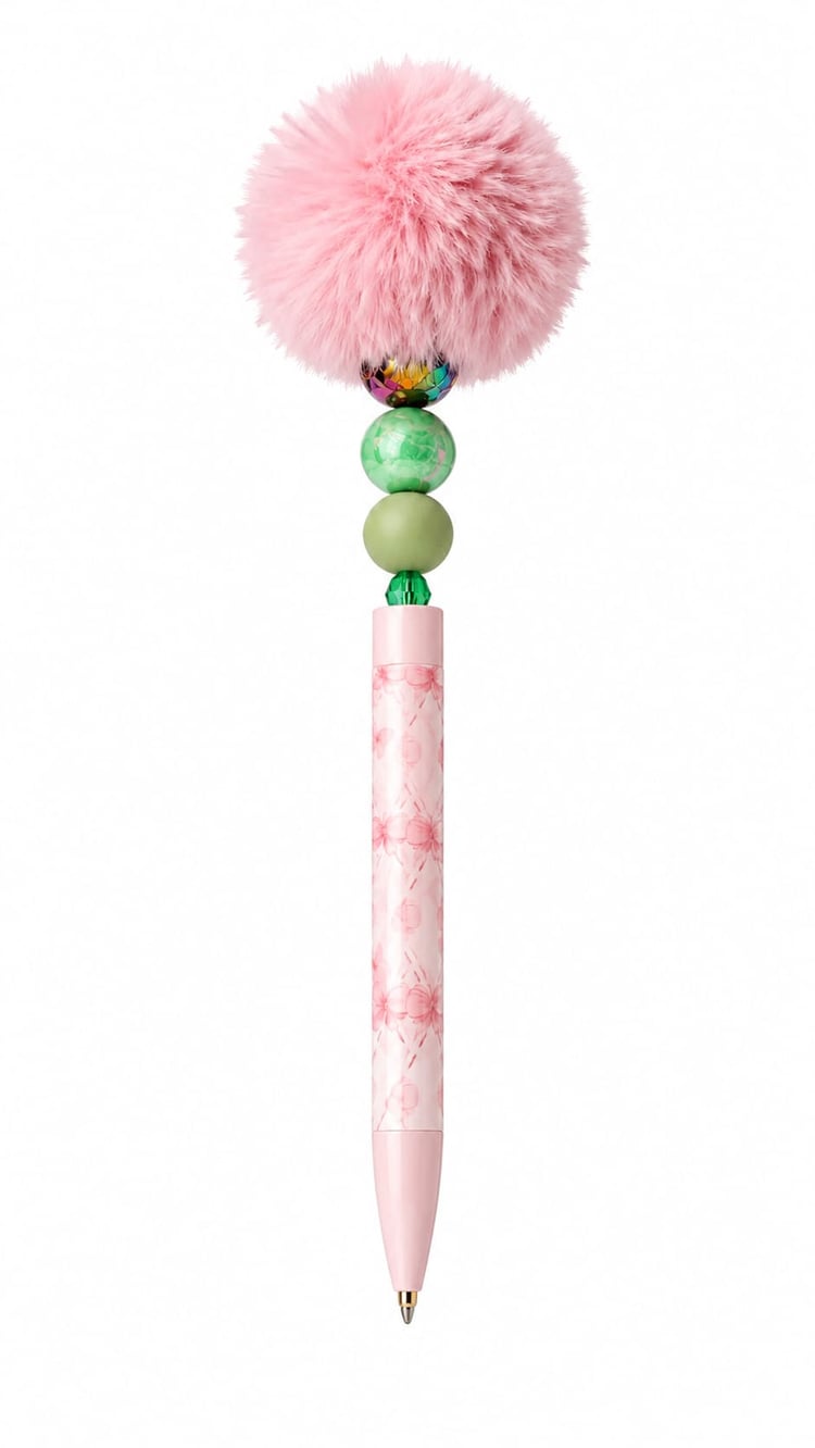 Close-up of the Blush Bloom handmade pen showing a pink floral vine pattern barrel, a marbled sage green bead stack, a green crystal spacer, and a large fluffy pink pom pom.