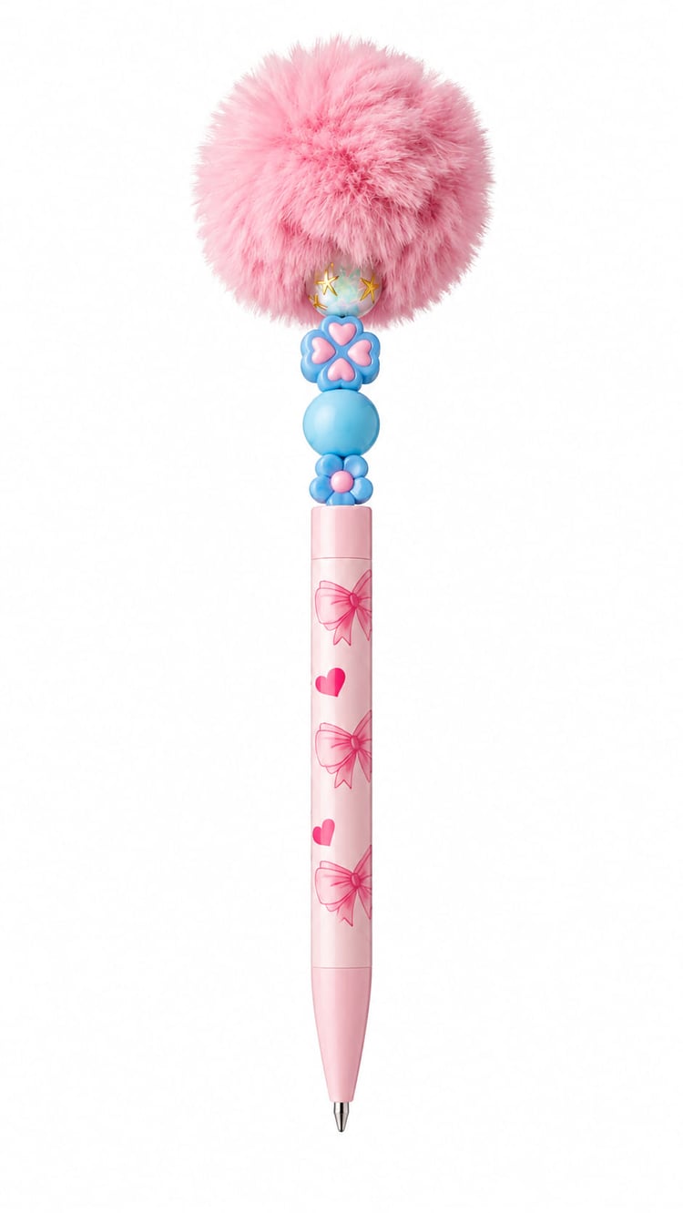 Close-up of the Cotton Candy Blossom pen showing a pink barrel patterned with bows and hearts, custom pastel blue flower beads, a star-glitter spacer, and a large fluffy pink pom pom topper.