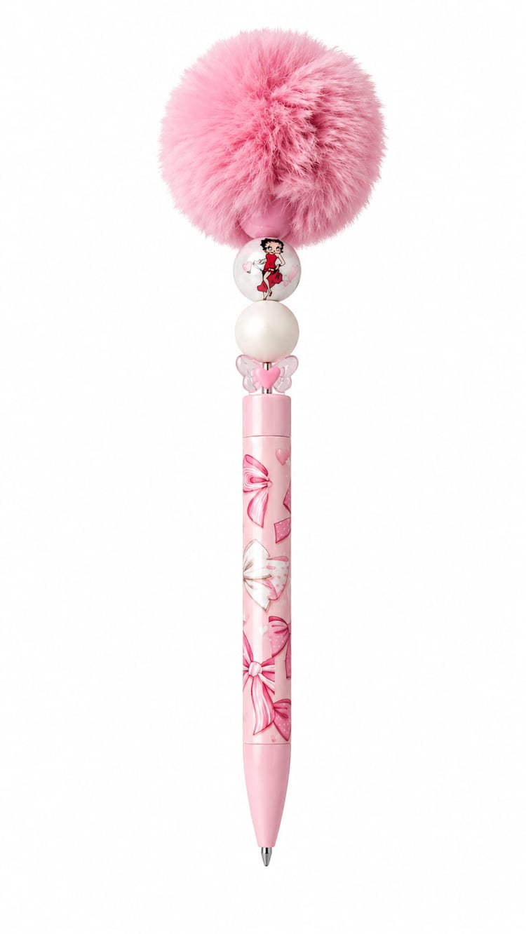 The Betty Bow Custom Beaded Pen by Sparkling Resin Delights, showing a pink bow-patterned barrel, a pearl bead, a custom cartoon character focal bead, and a large fluffy pink pom pom.