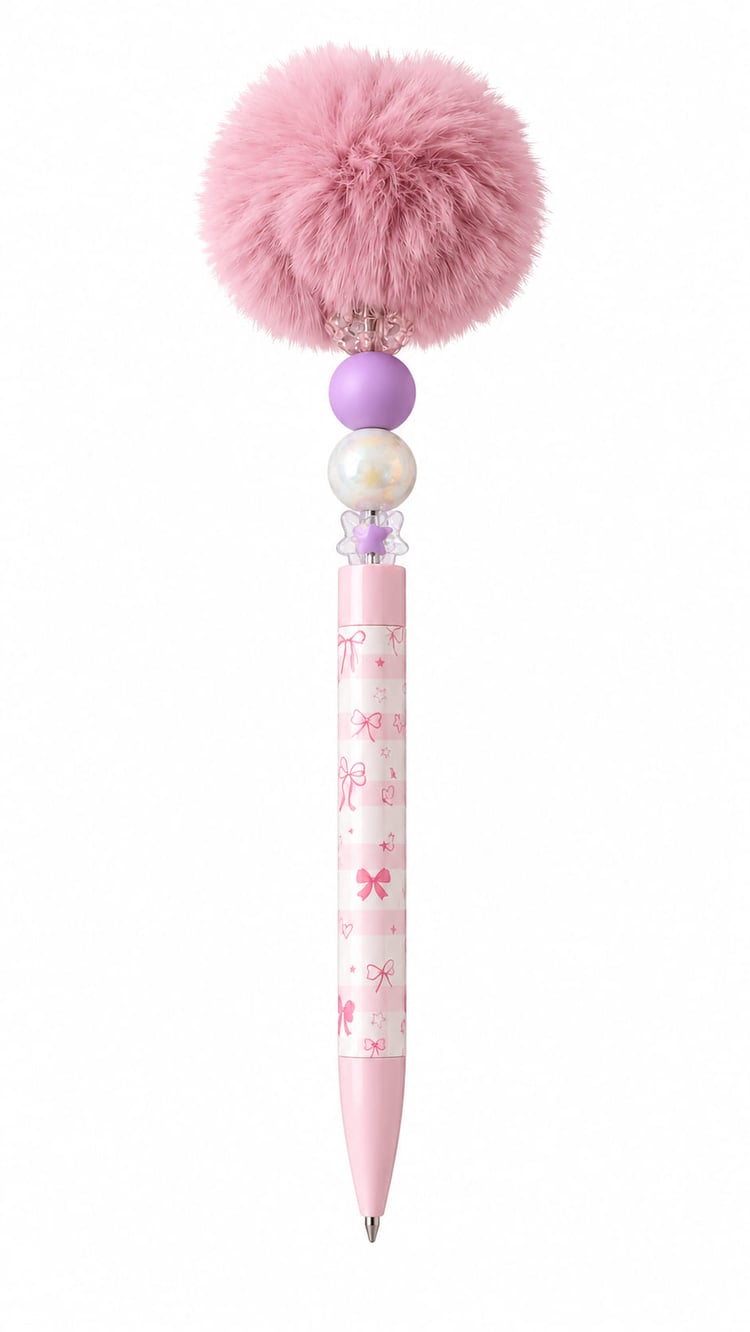 Close-up of the Lavender Pearl custom pen showing a pink gingham bow-patterned barrel, a pearl bead, a matte lavender bead, a rhinestone spacer, and a large fluffy pink pom pom topper.