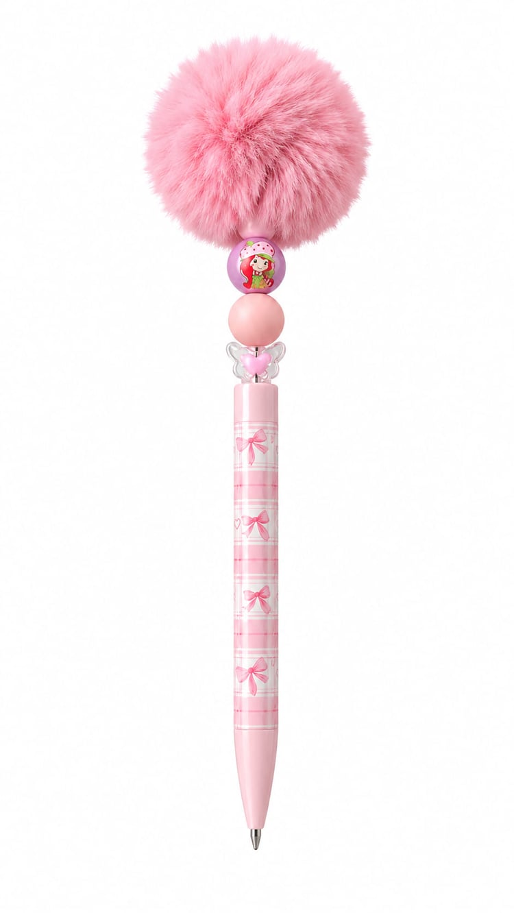 Close-up of the Strawberry Wishes custom pen showing a pink plaid bow-patterned barrel, a bubblegum pink bead, a custom cartoon character focal bead, and a large fluffy pink pom pom topper.
