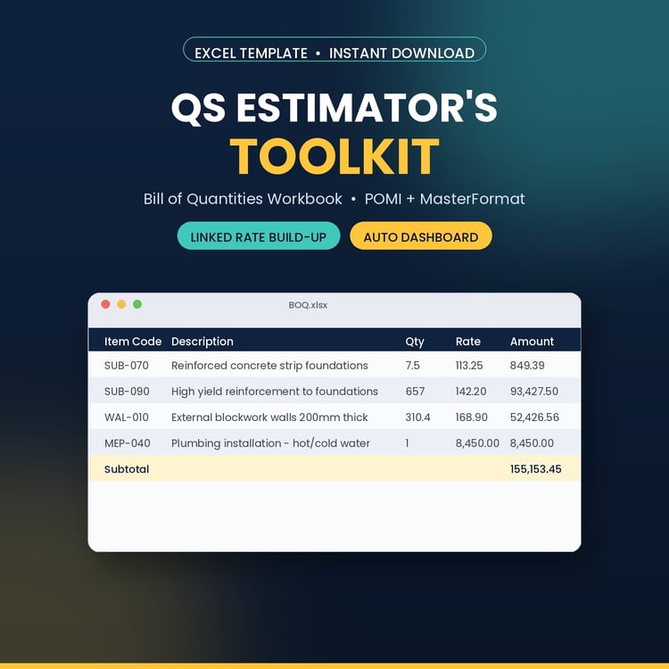 QS Estimator's Toolkit product cover showing an Excel bill of quantities workbook in POMI format with linked rate build-up, auto dashboard and MasterFormat mapping