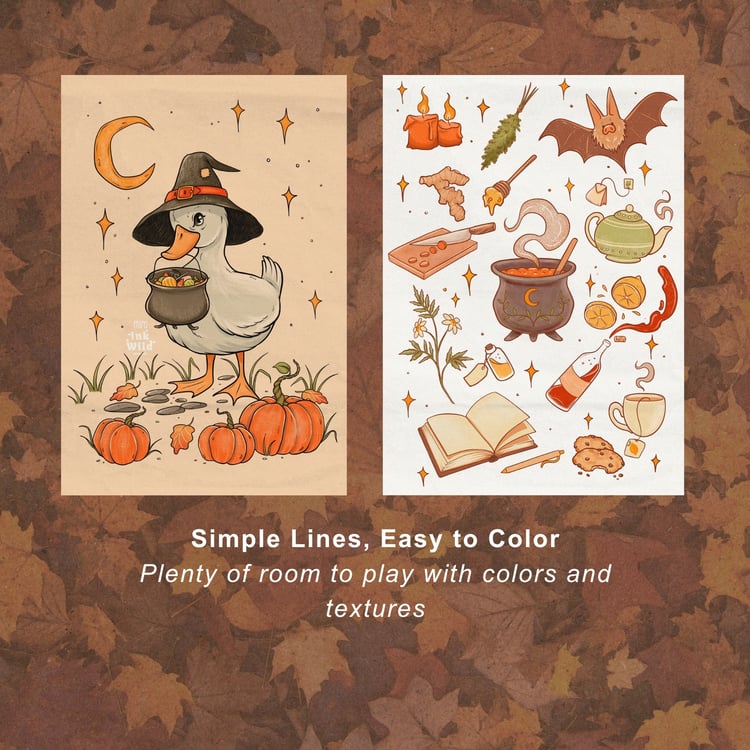 10 hand-drawn autumn coloring pages with pumpkins, falling leaves, woodland animals, ghosts and whimsical Halloween details