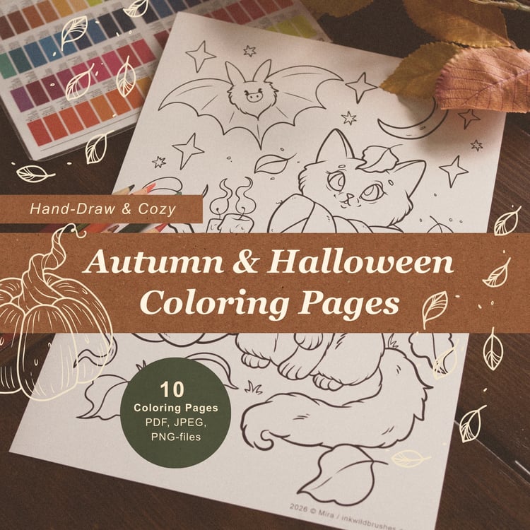 Cozy Autumn Coloring Pages with 10 hand-drawn fall and Halloween coloring pages featuring pumpkins, woodland animals and seasonal scenes