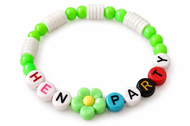 Close-up of a handmade Hen Party bracelet featuring vibrant green round beads, stacked white clay disc heishi beads, and a bright green flower charm.