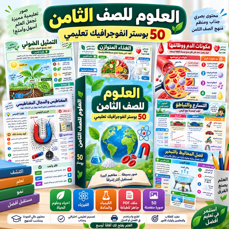 العلوم للصف الثامن: بوسترات إنفوجرافيك تفاعلية تشرح المفاهيم الأساسية ببساطة ومتعة