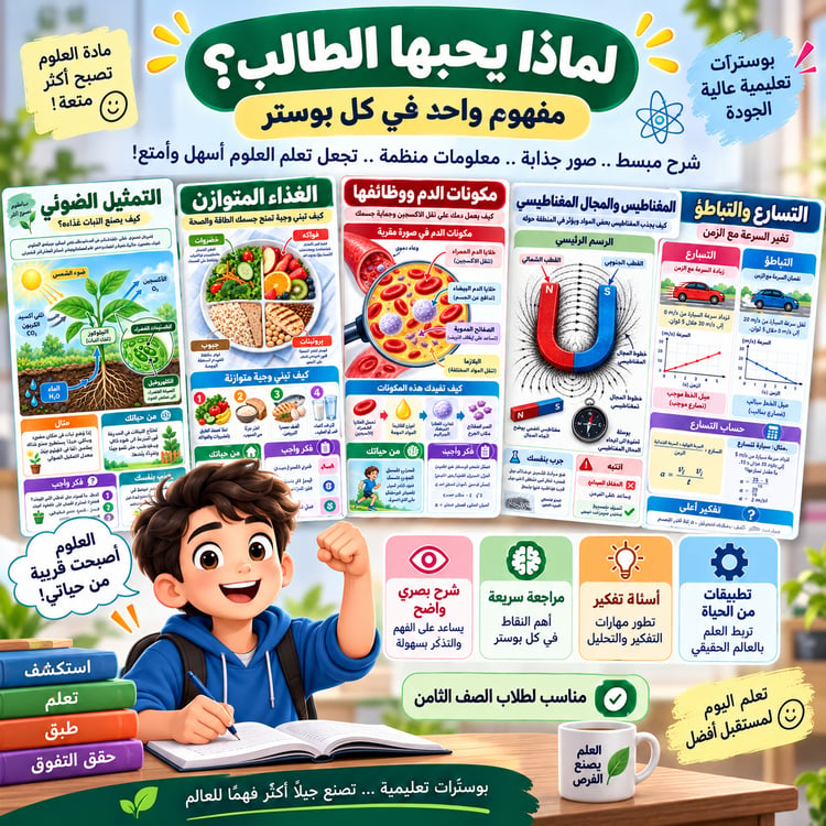 العلوم للصف الثامن: بوسترات إنفوجرافيك تفاعلية تشرح المفاهيم الأساسية ببساطة ومتعة