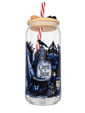 Reverse of Corpse Bride glass can cup with blue and black graveyard artwork, decorated bamboo lid and striped straw