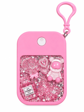 Hand-decorated pink Guava Glow travel body mist spray with 3D resin charms, glitter and pink keychain clip