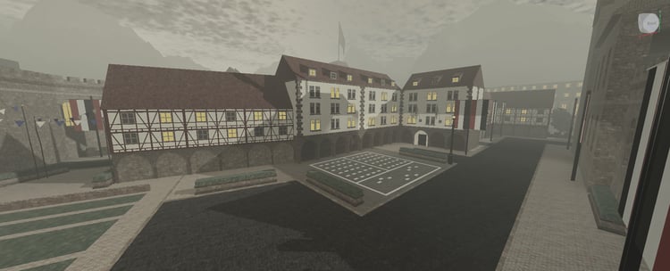 WW2-inspired European city square with timber-framed buildings