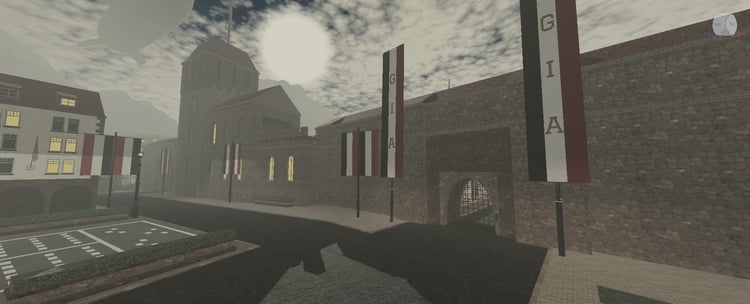 Stone church and WW2-era European city street