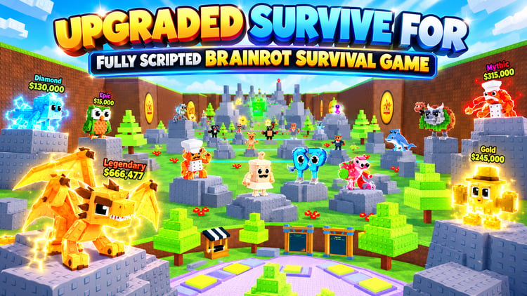 Roblox survival map with collectible Brainrots and rarity displays