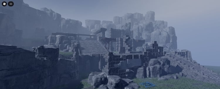Rocky canyon environment with grassy terrain and futuristic structures