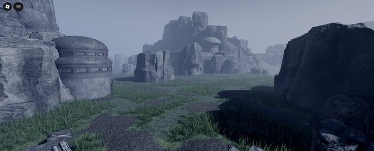 Roblox sci-fi canyon combat map with towering rock formations