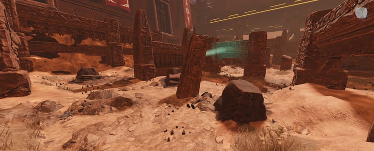 Large desert battlefield with ruins, stone pillars, and fortress structures