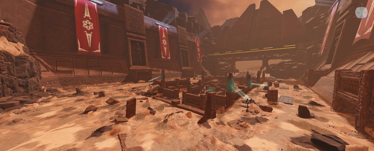 Roblox ancient desert fortress surrounded by rocky canyon walls