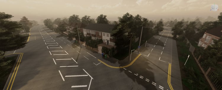 Realistic city road surrounded by residential buildings and trees