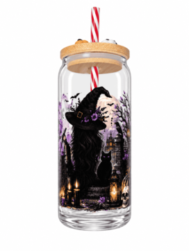 Side view of Witches Brew Halloween glass cup with witch design, bamboo resin lid and striped reusable straw