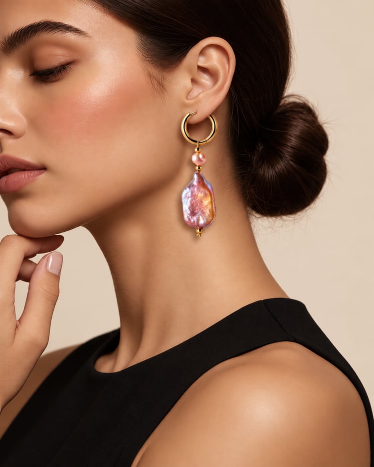 Dettaglio della perla barocca rosa e del cerchio in acciaio dorato