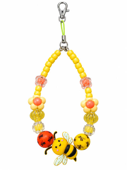 Handmade yellow bumblebee walking stick wrist loop with bee charm, flower beads and silver clasp