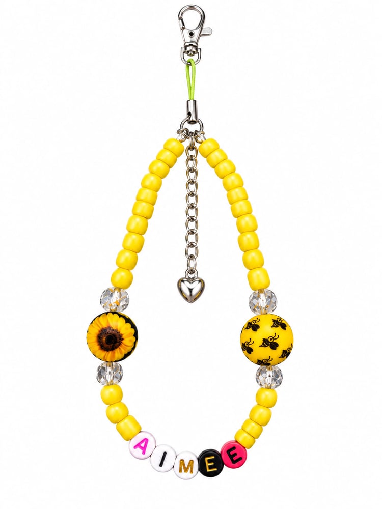 Personalised yellow bumblebee and sunflower walking stick wrist loop with name beads, yellow beads and silver heart charm
