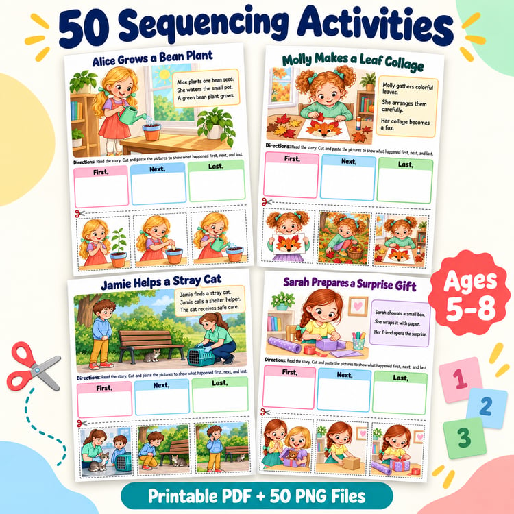 Build Sequencing & Reading Skills – 50 Printable Cut-and-Paste Activities for Kids Ages 5–8