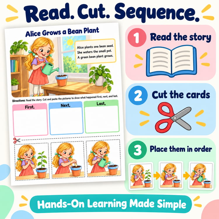 Build Sequencing & Reading Skills – 50 Printable Cut-and-Paste Activities for Kids Ages 5–8