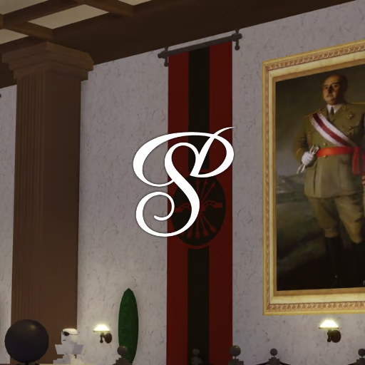 Roblox Spanish imperial palace interior with grand halls, portrait galleries, ceremonial rooms, dining areas, bar, lounge, bedrooms, bunk quarters, piano, and fireplace.Imperial palace grand hall