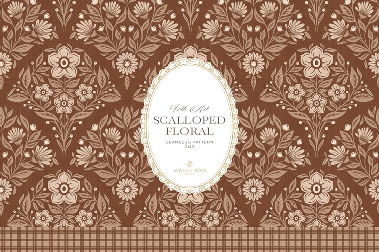 Scalloped Floral Folk Art seamless surface pattern duo features a hand drawn folk art botanical with scalloped florals, leaves, and berries in rust orange and a matching plaid