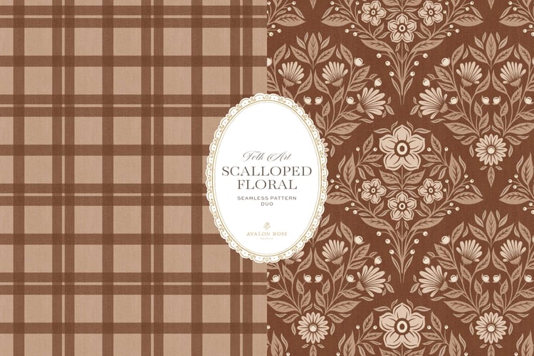 Scalloped Floral Folk Art seamless surface pattern duo features a hand drawn folk art botanical with scalloped florals, leaves, and berries in rust orange and a matching plaid