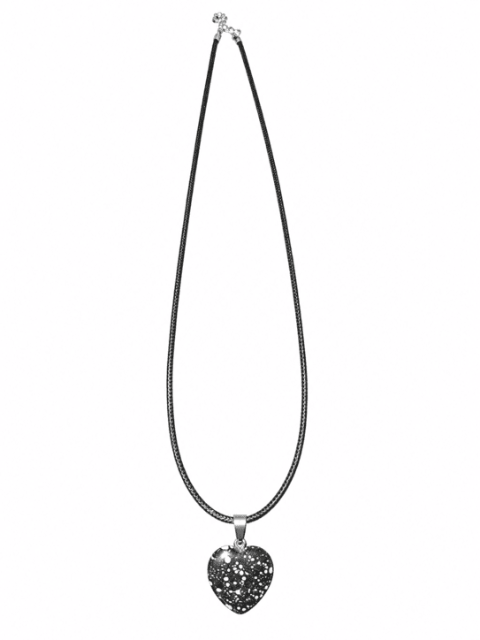 Handmade necklace with genuine natural Snowflake Obsidian heart pendant on an adjustable black cord.