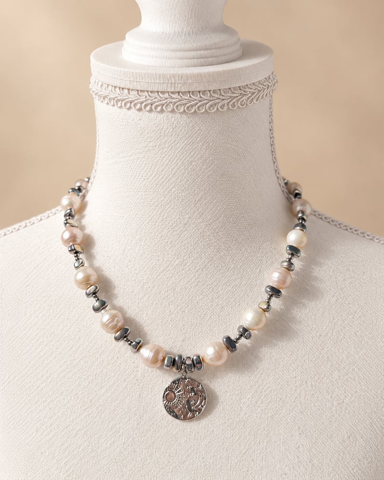 Collana Cielo di Perle con ematite e ciondolo argentato