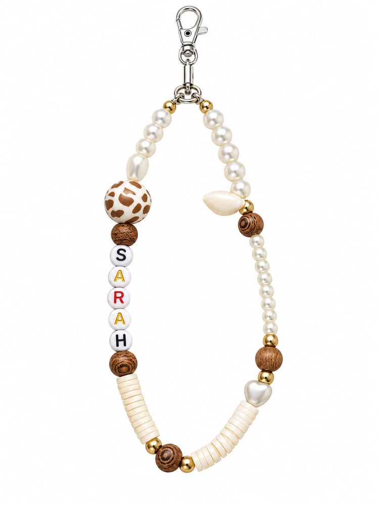 Personalised safari giraffe walking stick wrist loop with name beads, faux pearls, wooden beads and silver clasp