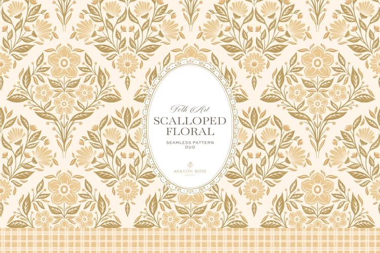 The Scalloped Floral Folk Art seamless surface pattern duo features a hand drawn folk art botanical with scalloped florals, leaves, and berries in yellow with a matching plaid