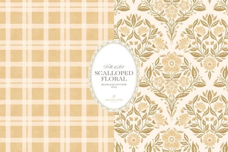 The Scalloped Floral Folk Art seamless surface pattern duo features a hand drawn folk art botanical with scalloped florals, leaves, and berries in yellow with a matching plaid