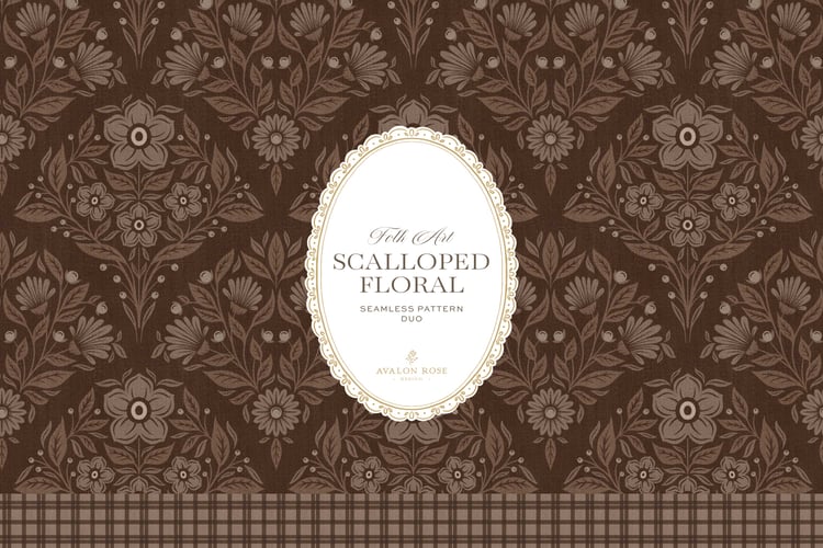 Scalloped Floral Folk Art seamless surface pattern duo features a hand drawn folk art botanical with scalloped florals, leaves, and berries in dark brown with a matching plaid