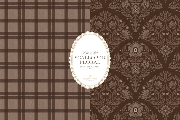 Scalloped Floral Folk Art seamless surface pattern duo features a hand drawn folk art botanical with scalloped florals, leaves, and berries in dark brown with a matching plaid