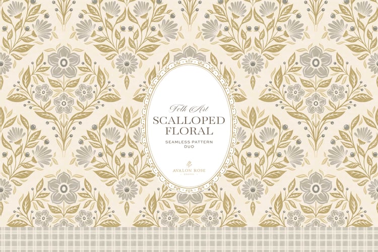 Scalloped Floral Folk Art seamless surface pattern duo features a hand drawn folk art botanical with scalloped florals, leaves, and berries in gray, olive and cream with a matching plaid