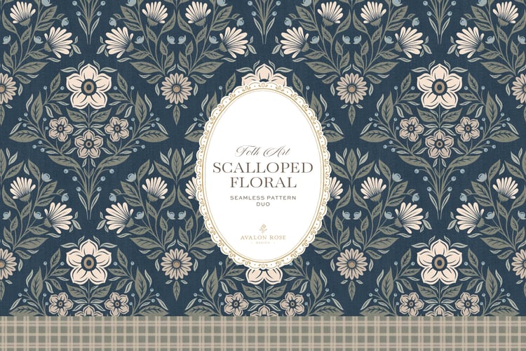 The Scalloped Floral Folk Art seamless surface pattern duo features a hand drawn folk art botanical with scalloped florals, leaves, and berries in navy blue with a matching plaid