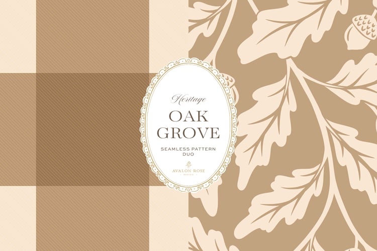 Oak Grove seamless surface pattern duo features hand drawn oak leaves and acorns in a flowing tonal design, paired with a coordinating gingham check in tan